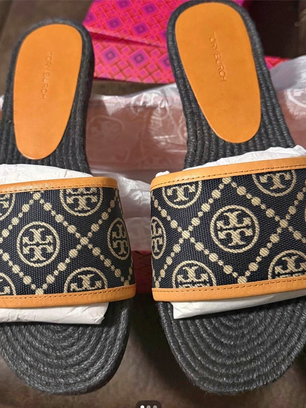 Tory Burch Navy Canvas Logo Slide Sandals with Tan Trim